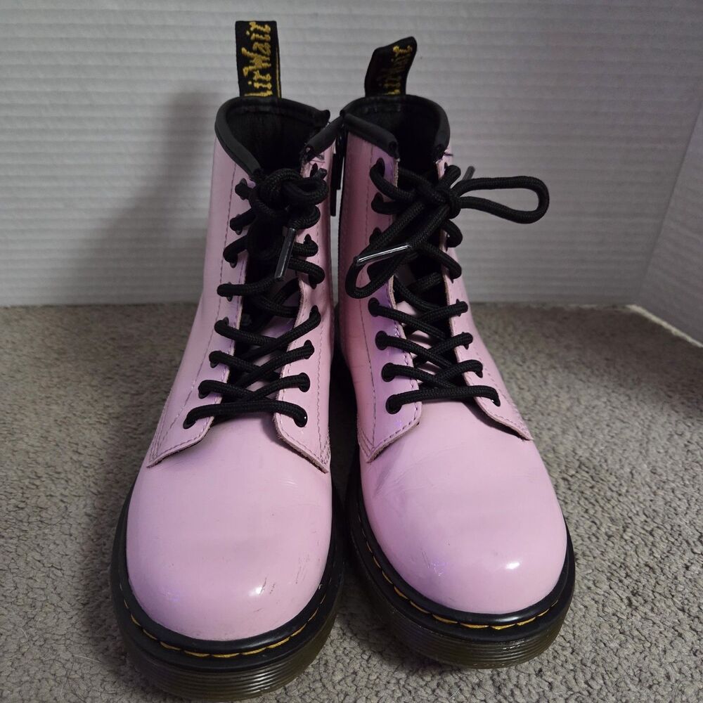 Dr. Doc Martens 1460J YOUTH Kids Pink Patent Leather Combat Ankle Boots Sz 2 - Picture 2 of 11